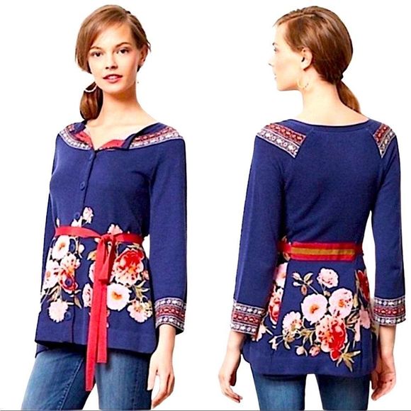 👘Vintage Asian inspired Anthropologie Blue Floral Cardigan - Picture 1 of 9